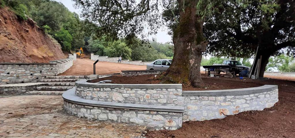 The refurbished surrounding area of Agios Nikitas Sella Monastery